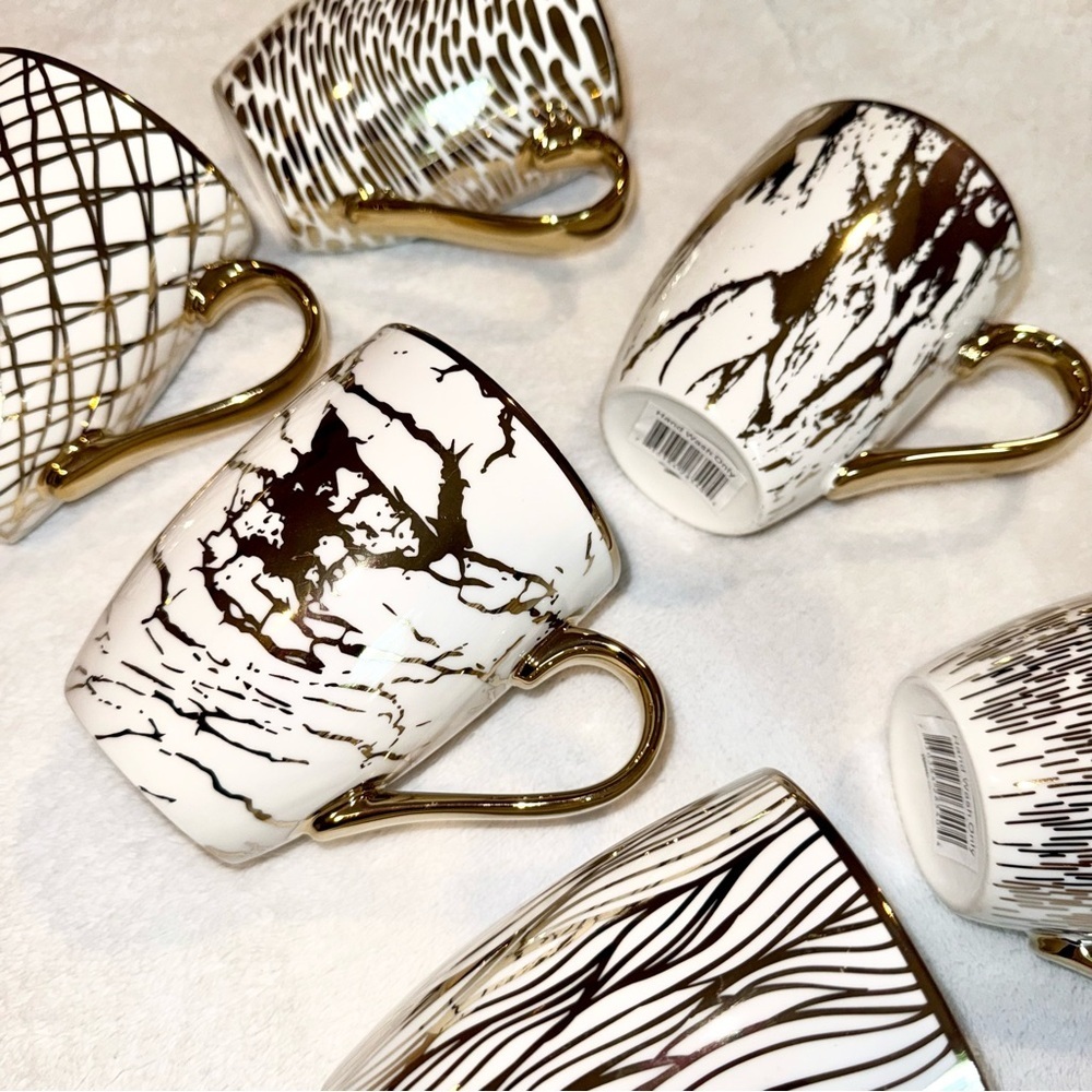 Set of 6 Artistic Gold and White Mugs - Picture 3 of 5